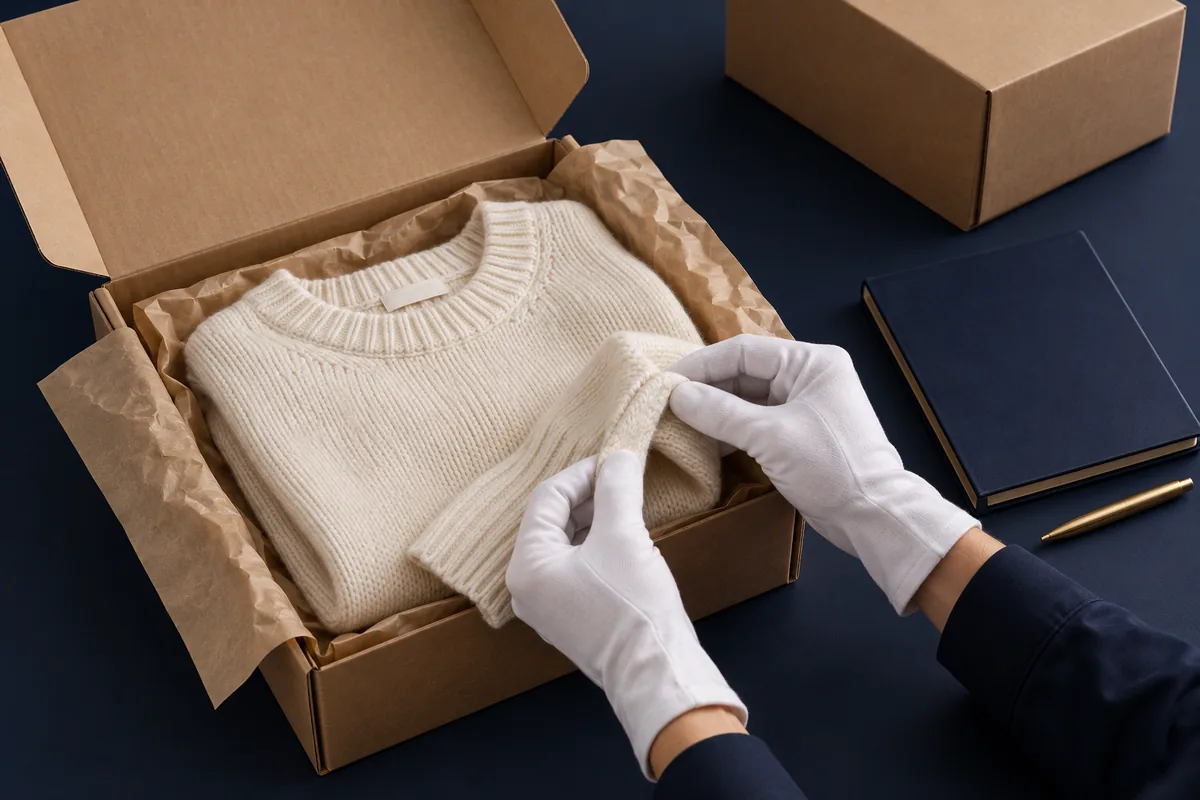 AI-generated illustration of gloved hands inspecting the seam of a returned jumper.